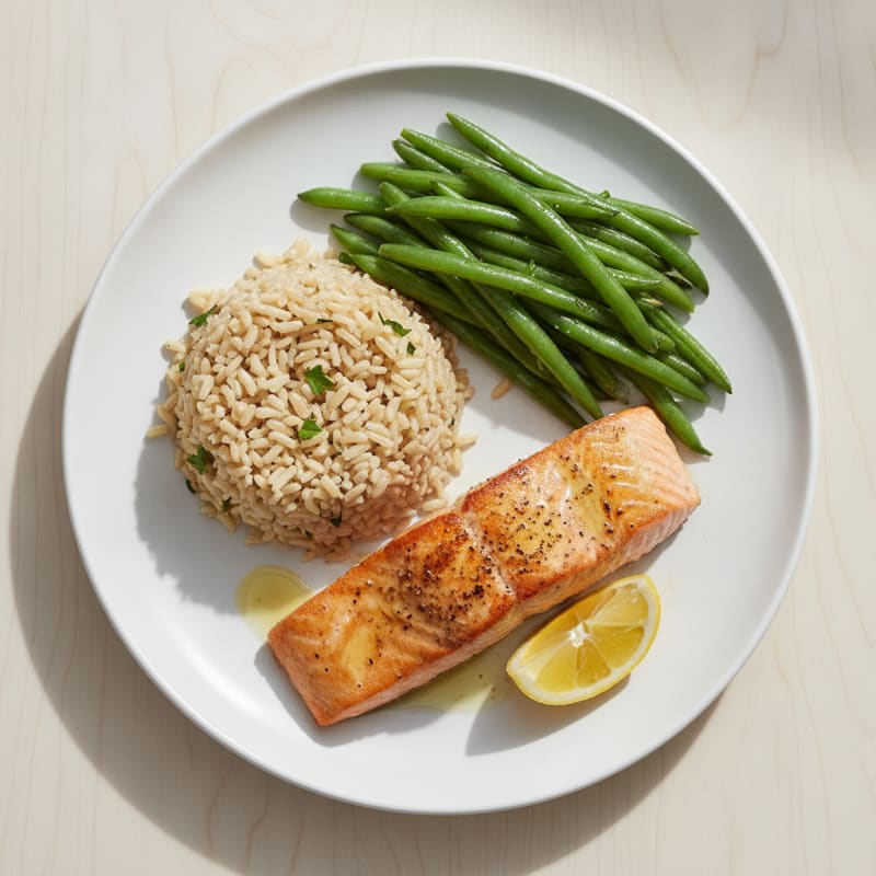 Seared Salmon with Steamed Green Beans and Brown Rice