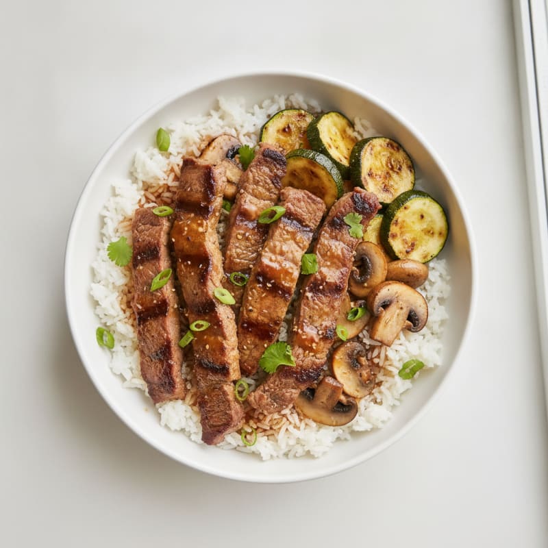 Grilled Beef and Zucchini Rice Bowl