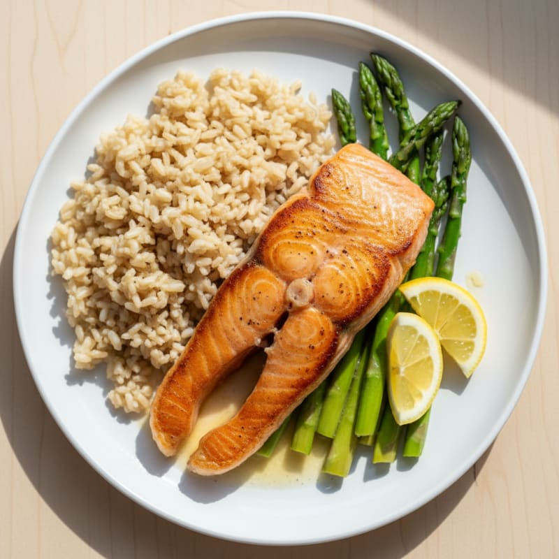Seared Salmon Fillet with Steamed Asparagus and Brown Rice