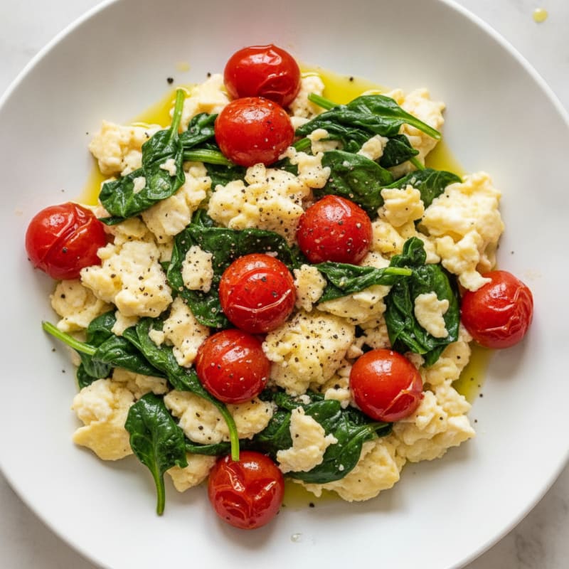 Egg White Spinach Scramble with Cherry Tomatoes