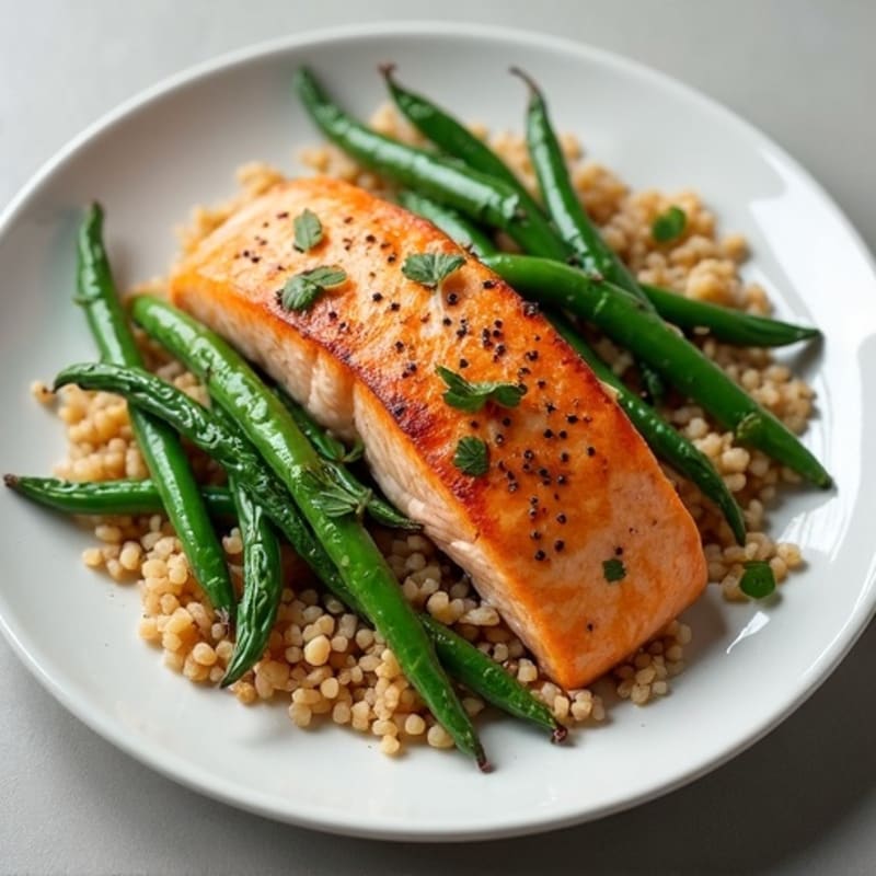 Seared Salmon with Garlic Green Beans and Brown Rice