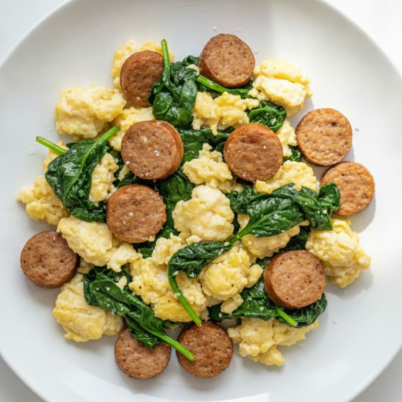 Egg White Scramble with Turkey Sausage and Sautéed Spinach