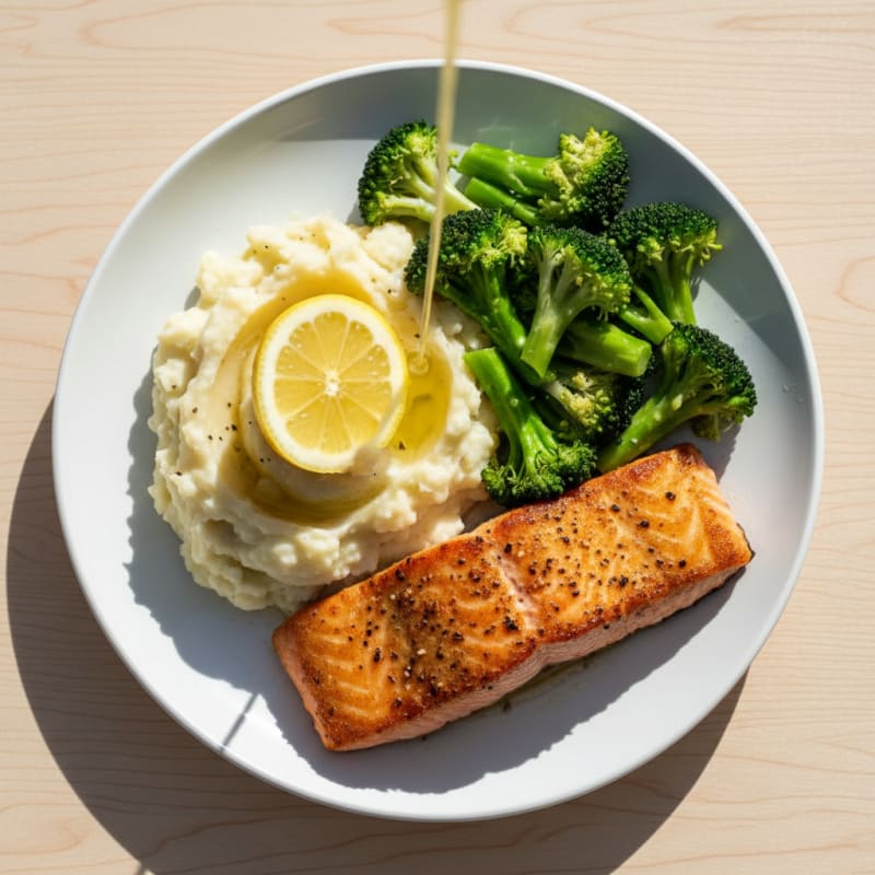 Seared Salmon with Garlic Mashed Potatoes and Steamed Broccoli