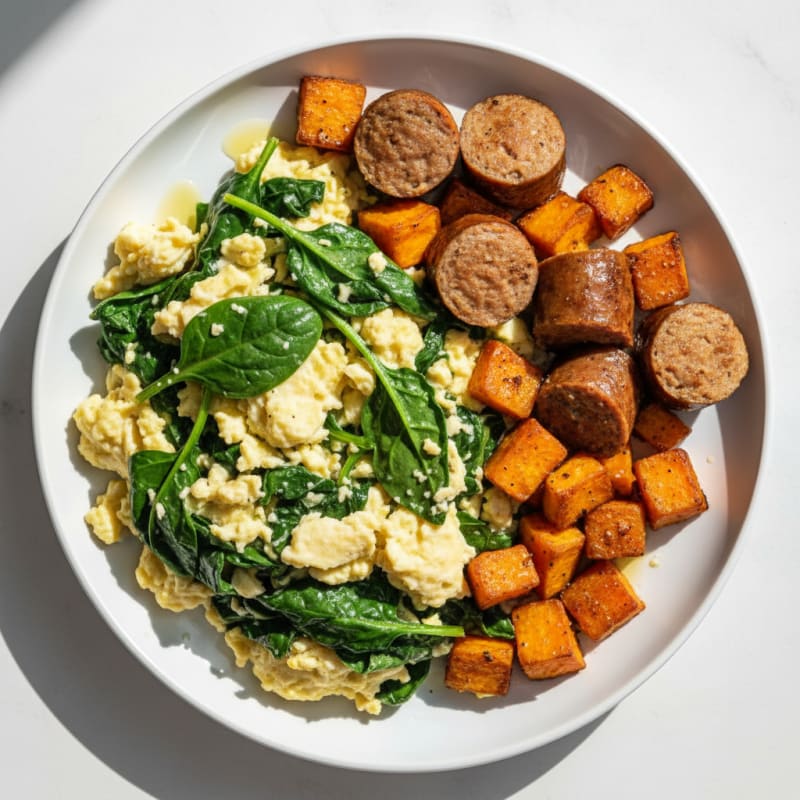 Egg White Spinach Scramble with Turkey Sausage and Roasted Sweet Potato