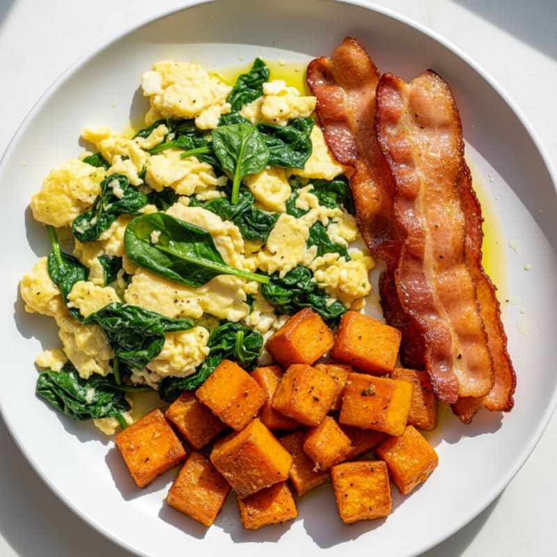 Crispy Turkey Bacon and Spinach Egg Scramble with Roasted Sweet Potatoes