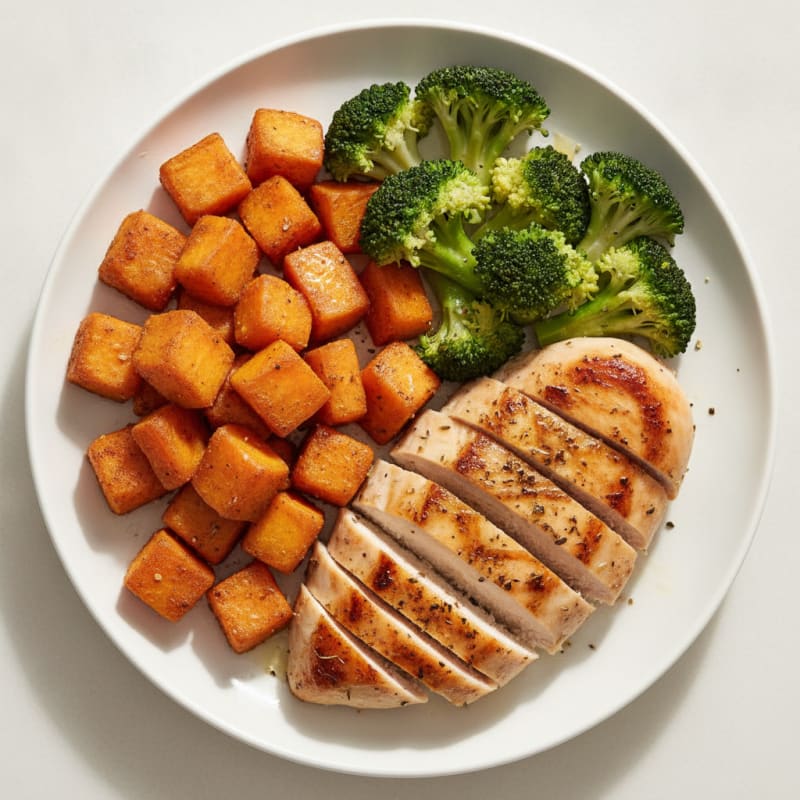 Grilled Chicken Breast with Roasted Sweet Potatoes and Steamed Broccoli