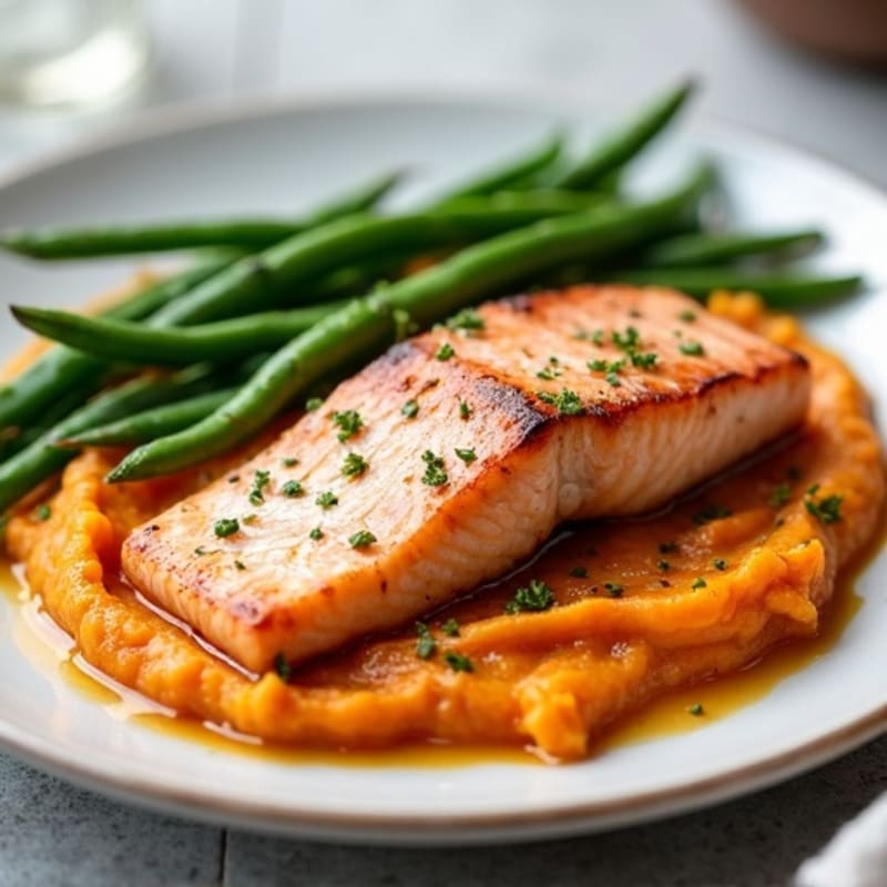 Seared Salmon with Steamed Green Beans and Sweet Potato Mash
