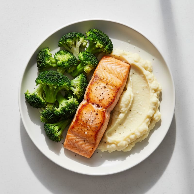 Seared Salmon with Steamed Broccoli and Garlic Mashed Cauliflower