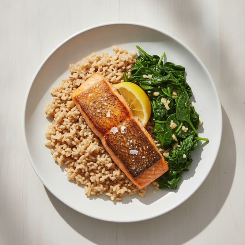 Seared Salmon with Garlic Spinach and Brown Rice