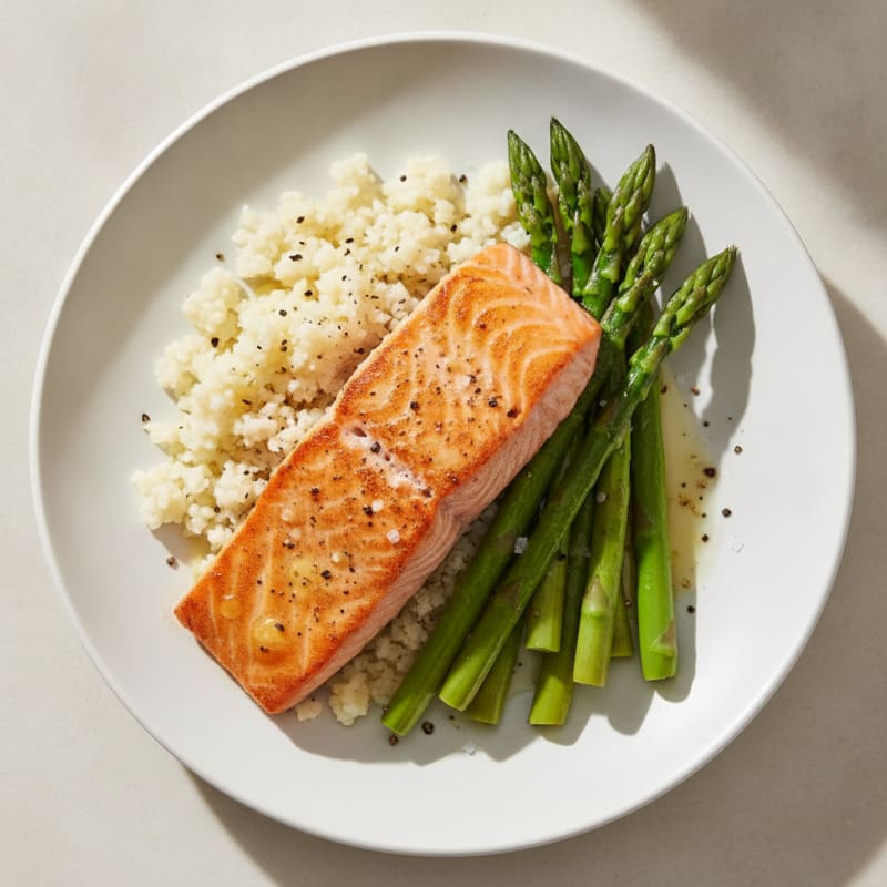 Seared Salmon Fillet with Steamed Asparagus and Cauliflower Rice