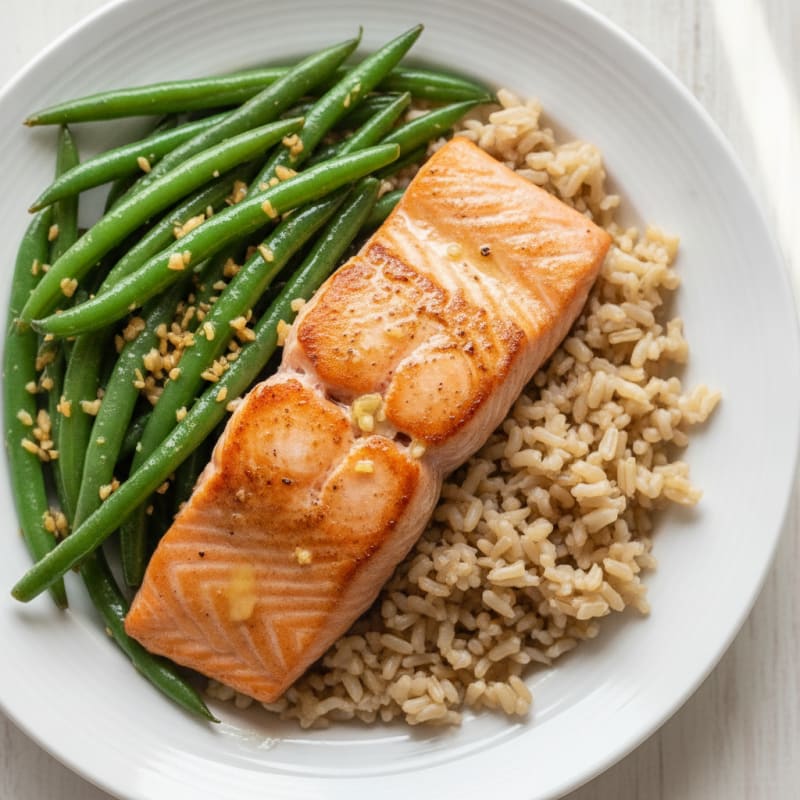 Seared Salmon with Garlic Green Beans and Brown Rice