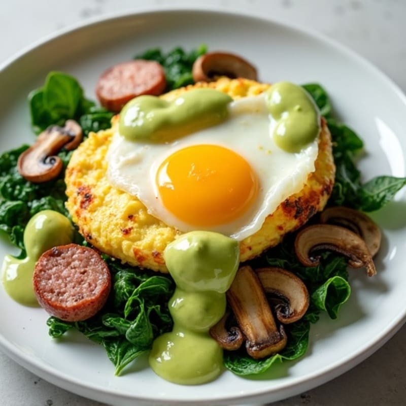 Egg White Spinach Scramble with Turkey Sausage and Sautéed Mushrooms