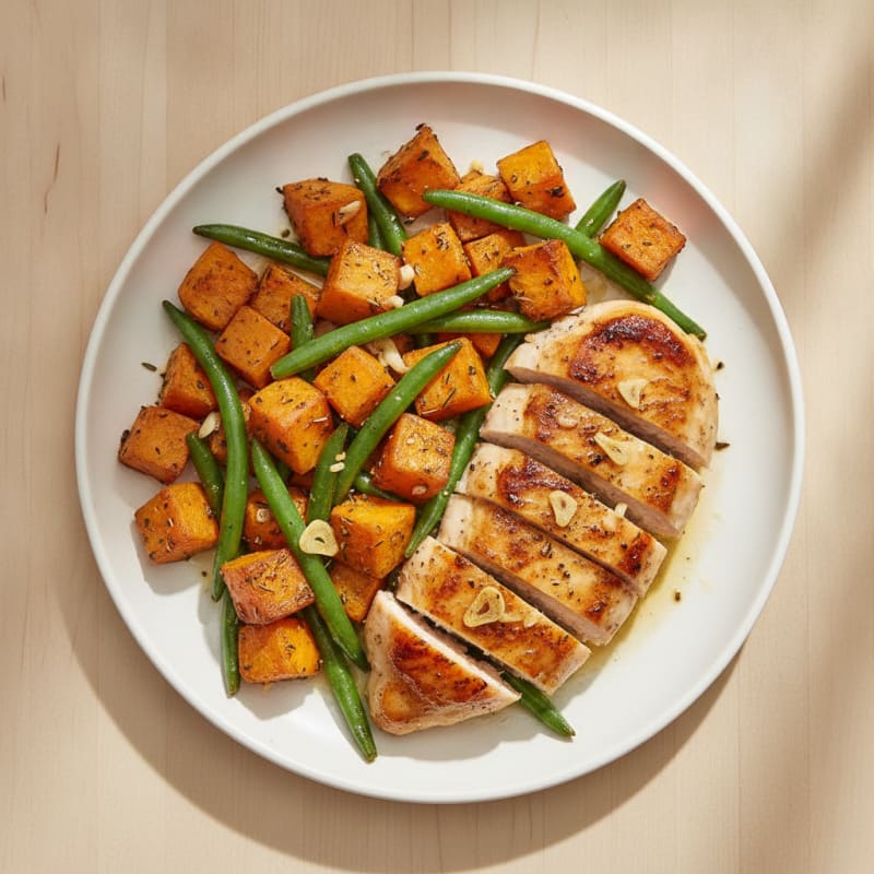 Seared Chicken Breast with Roasted Sweet Potatoes and Green Beans