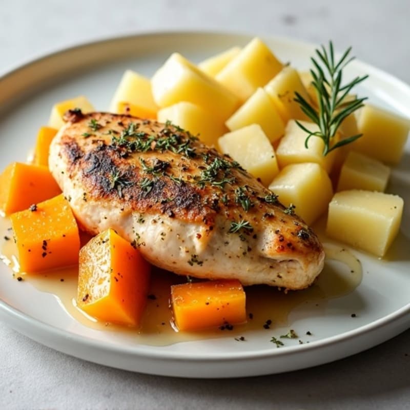 Herb-Roasted Chicken Breast with Creamy Butternut Squash and Steamed Potatoes