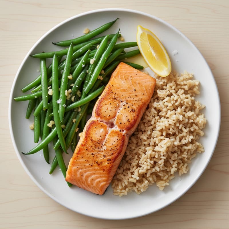 Seared Salmon Fillet with Garlic Green Beans and Brown Rice