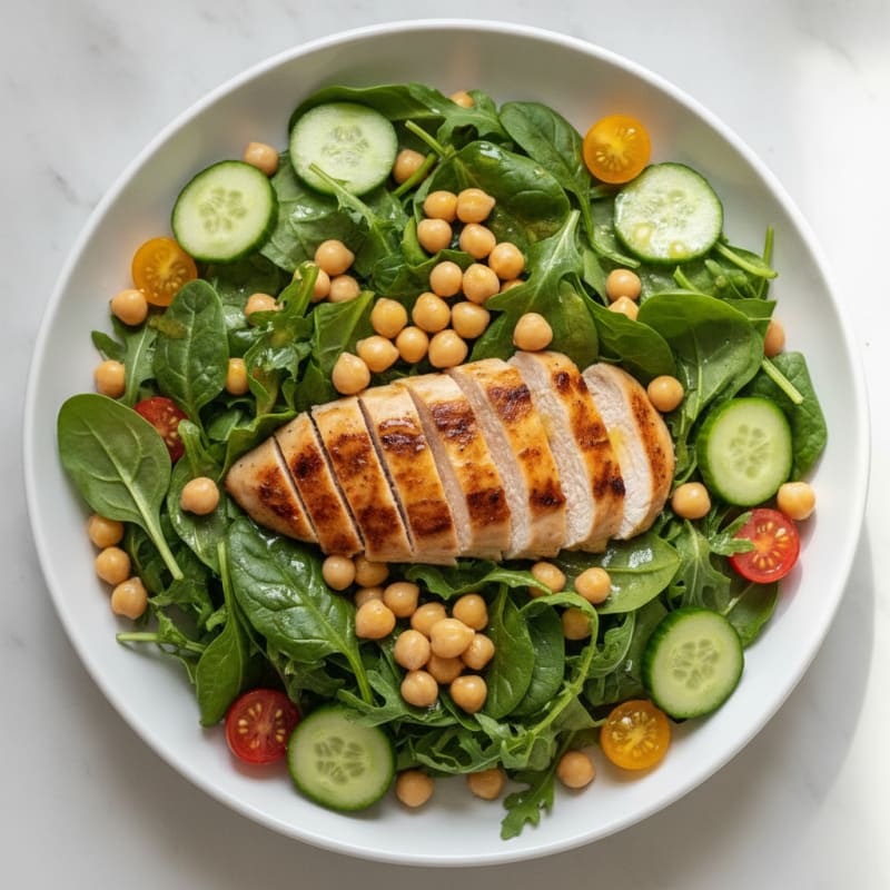 Grilled Chicken Breast over Mixed Greens with Chickpeas