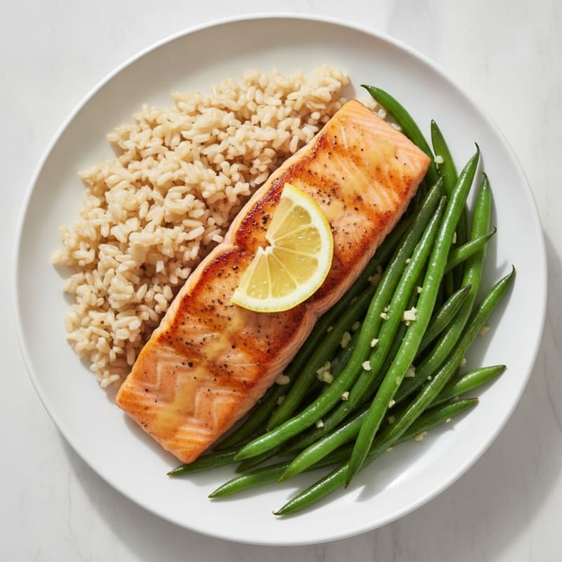 Seared Salmon with Garlic Green Beans and Brown Rice