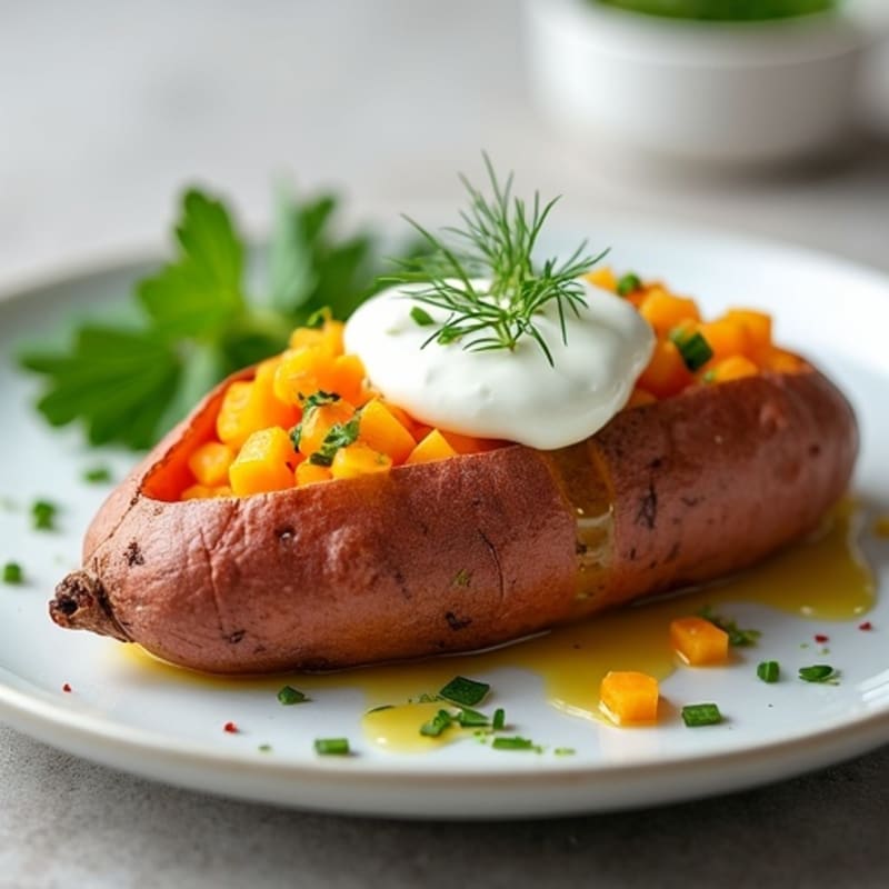 Crispy-Skin Sweet Potato with Greek Yogurt and Herbs