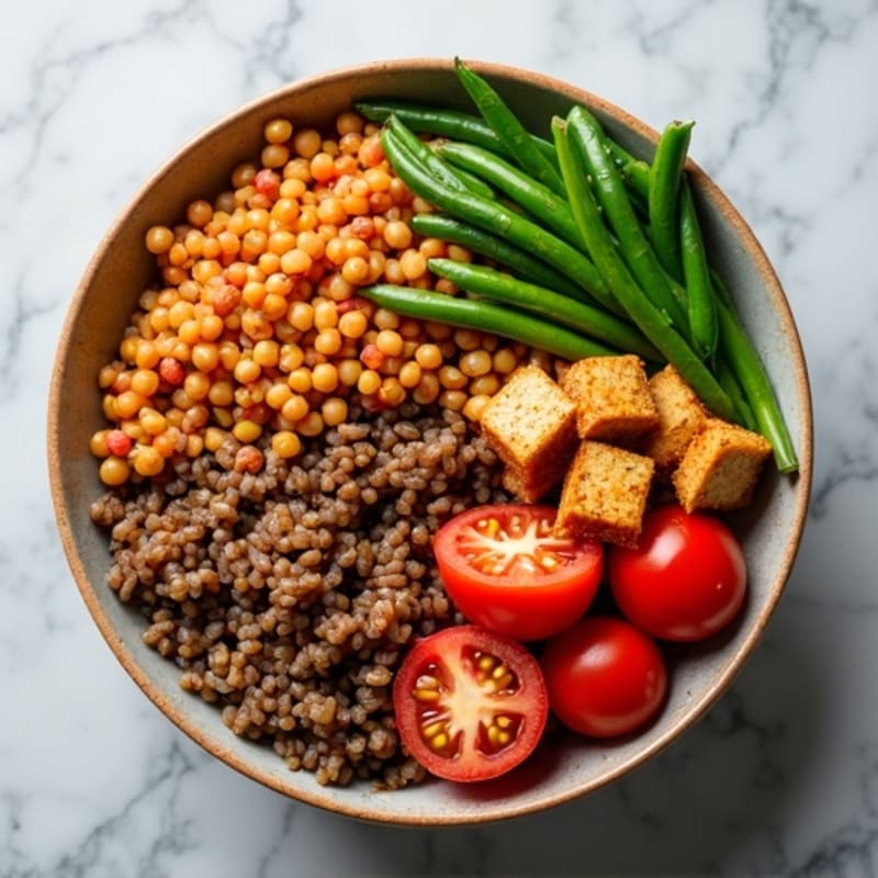 Hearty Lentil and Rice Bowl with Spicy Tomatoes and Crisp Green Beans