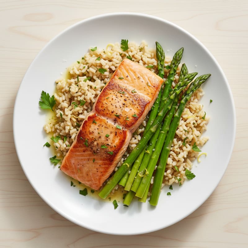 Seared Salmon with Steamed Asparagus and Lemon Herb Brown Rice