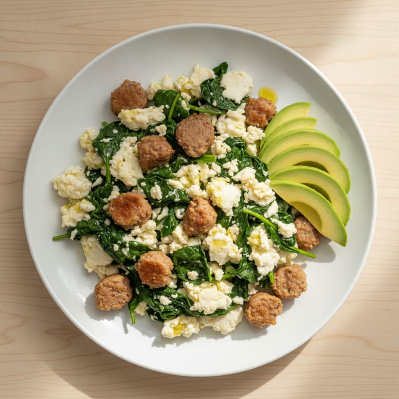 Egg White Spinach Scramble with Turkey Sausage