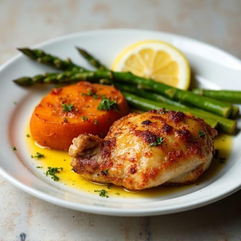 Crispy Lemon-Herb Chicken Thighs with Roasted Asparagus and Sweet Potato