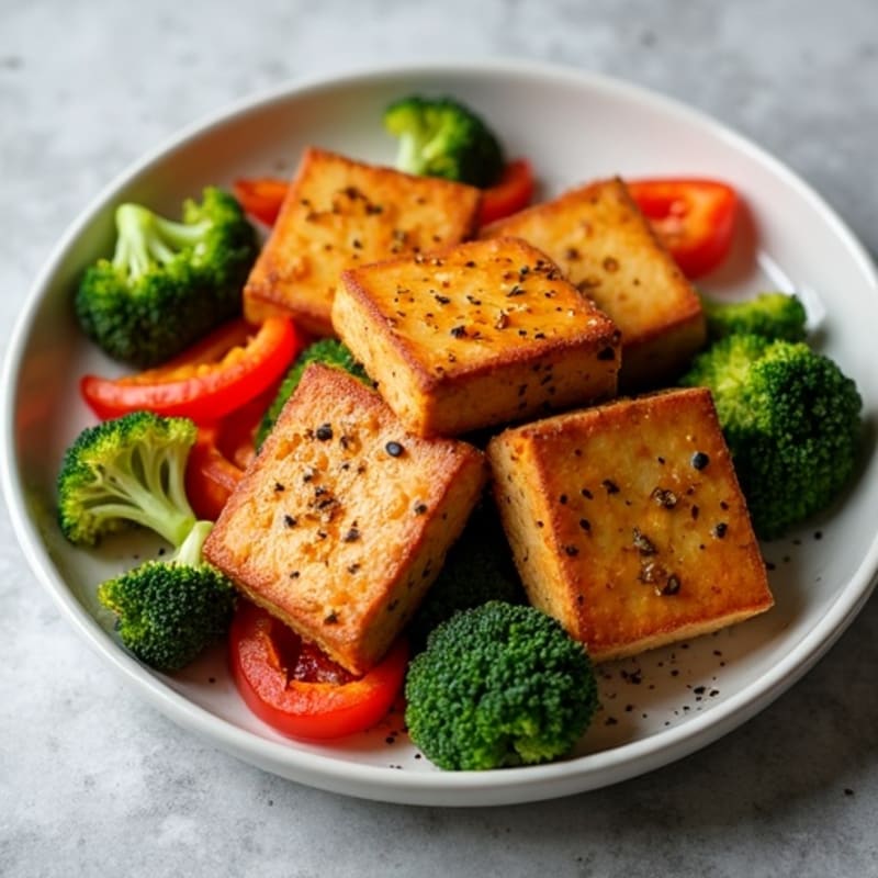 Crispy Baked Tofu with Roasted Broccoli and Bell Peppers