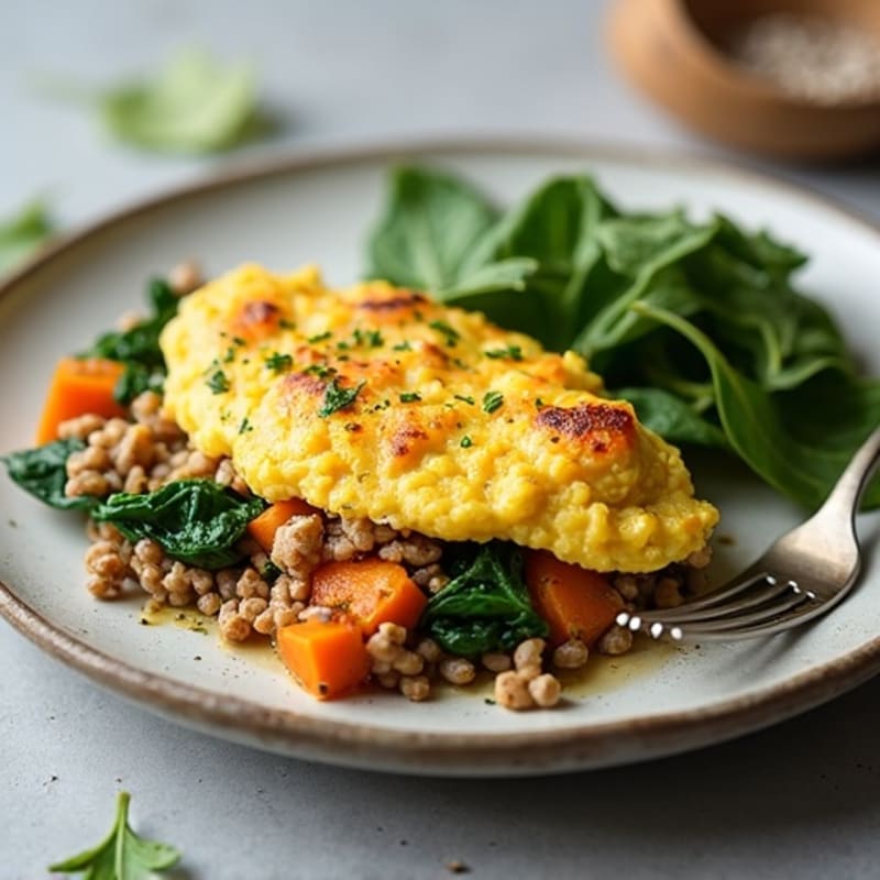 Egg White and Turkey Spinach Scramble with Roasted Sweet Potatoes