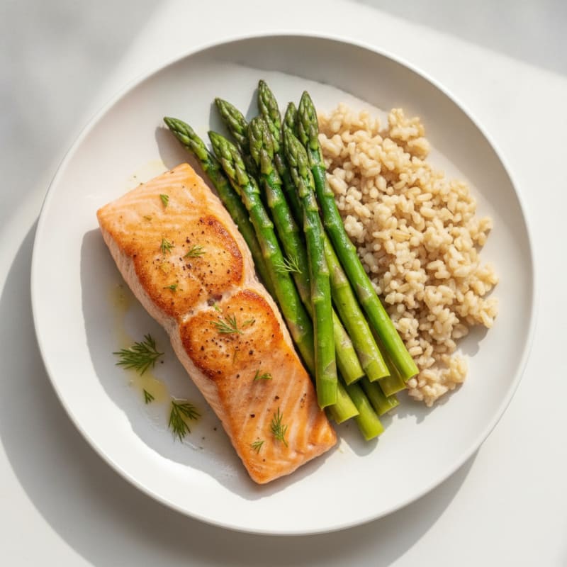 Seared Salmon with Steamed Asparagus and Brown Rice