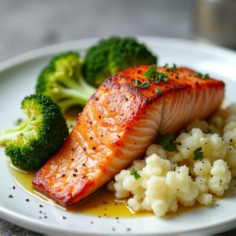 Seared Salmon Fillet with Roasted Broccoli and Garlic Mashed Cauliflower