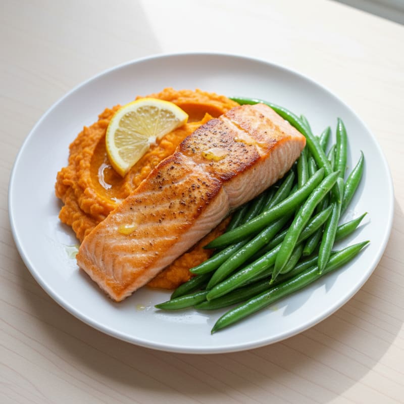 Seared Salmon with Steamed Green Beans and Mashed Sweet Potato