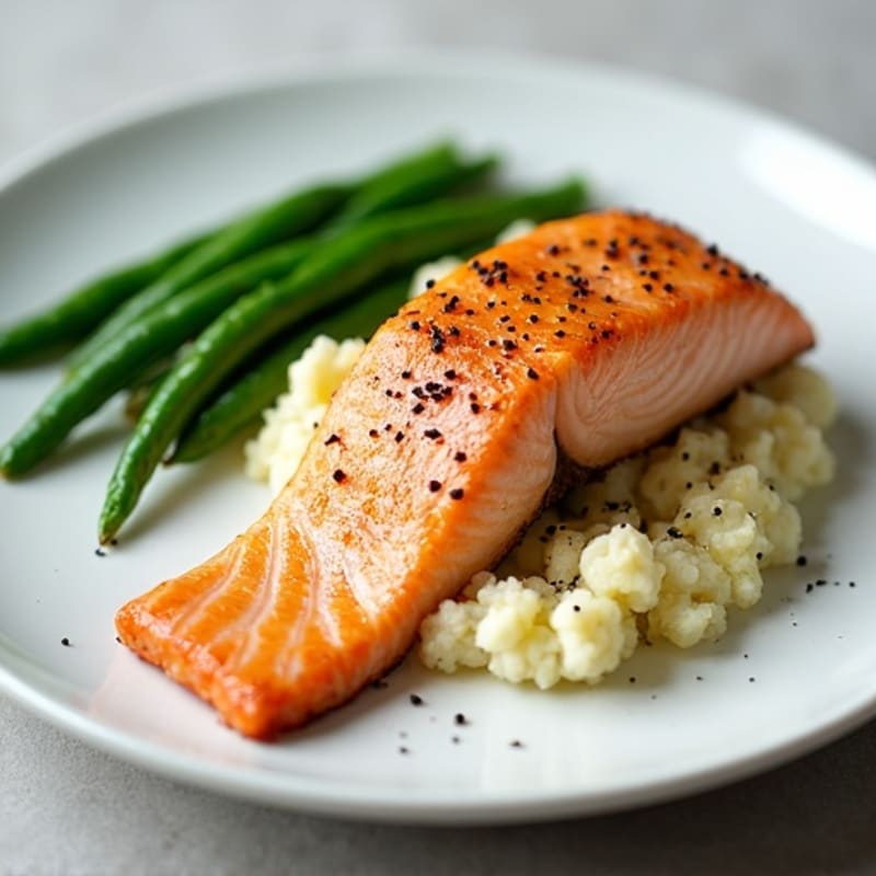 Seared Salmon with Steamed Green Beans and Garlic Cauliflower Mash