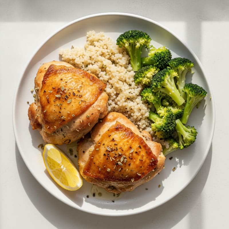 Herb-Roasted Chicken Thighs with Steamed Broccoli and Quinoa