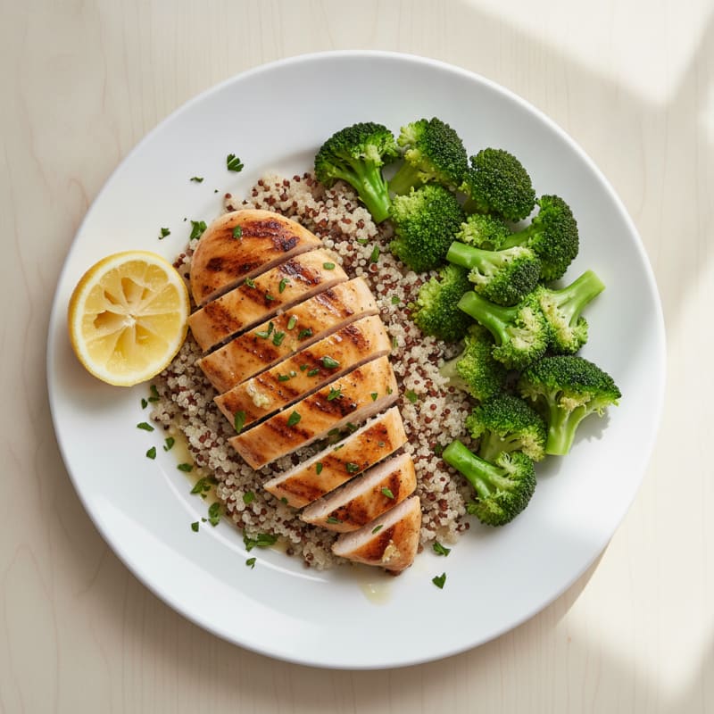 Grilled Lemon-Garlic Chicken Breast with Quinoa and Steamed Broccoli