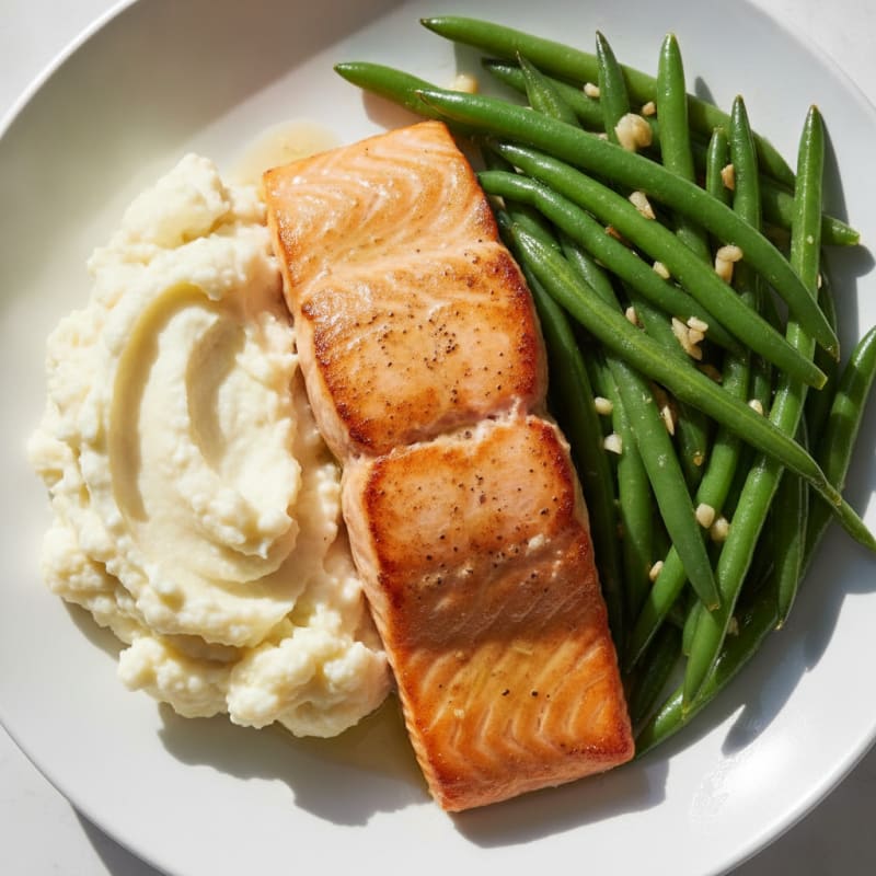 Seared Salmon with Garlic Green Beans and Mashed Cauliflower