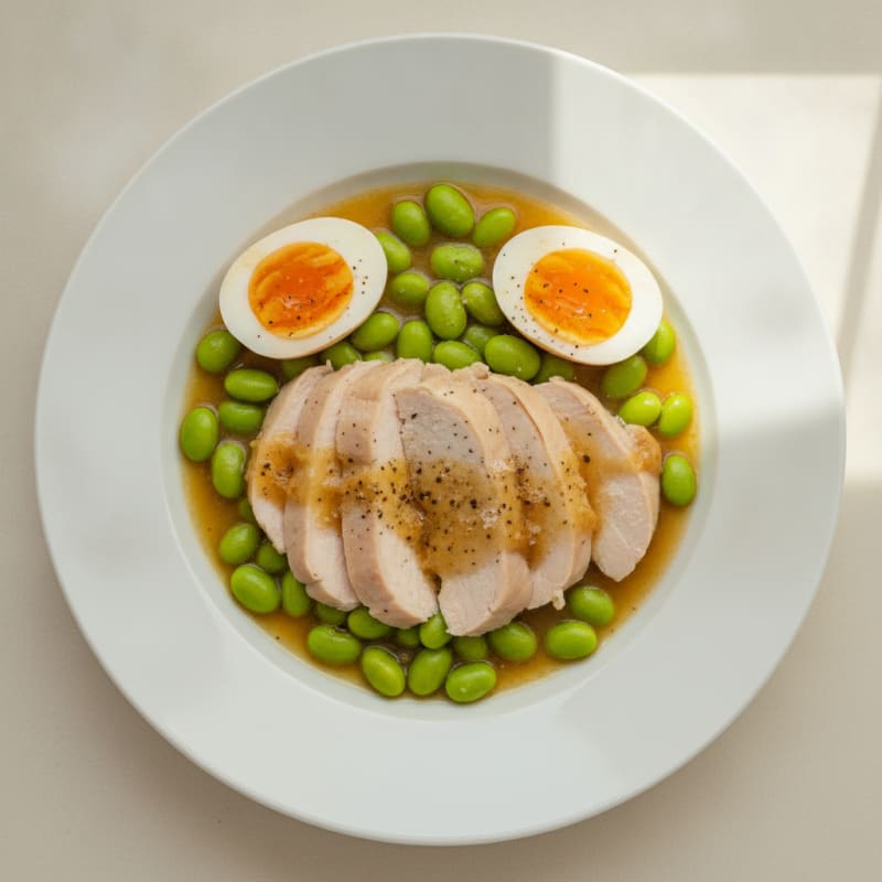 Poached Chicken with Edamame and Eggs