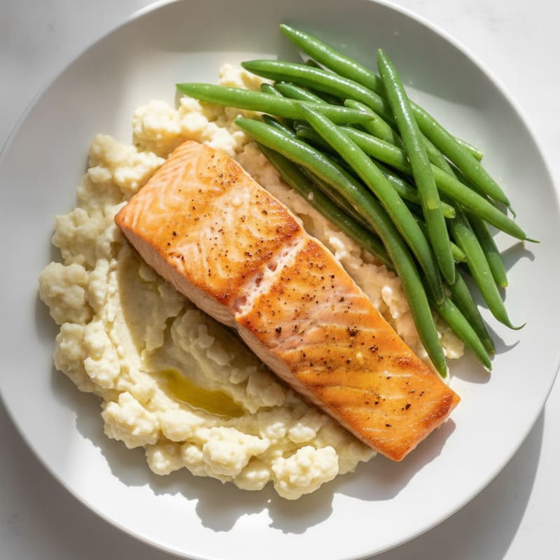 Seared Salmon with Steamed Green Beans and Garlic Mashed Cauliflower