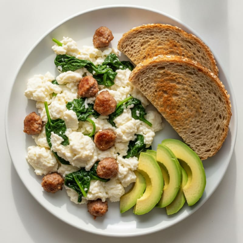 Egg White Scramble with Turkey Sausage and Sautéed Spinach