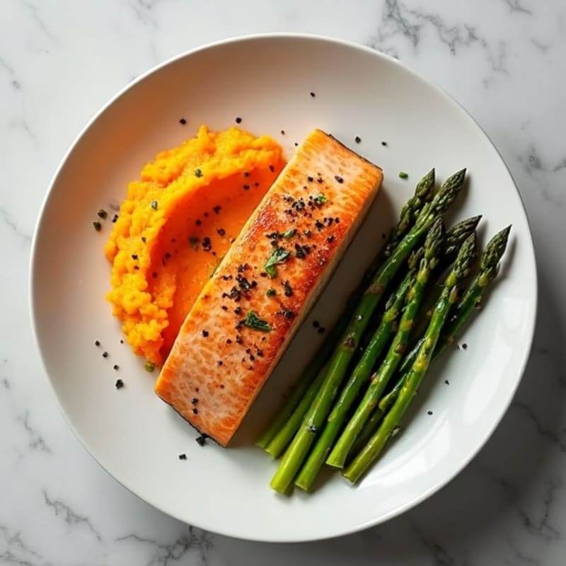 Seared Salmon Fillet with Steamed Asparagus and Sweet Potato Mash