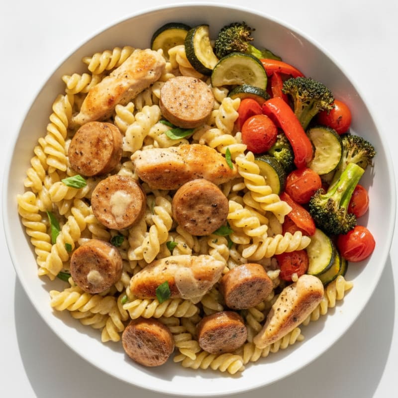Creamy Chicken Sausage Pasta with Roasted Mixed Vegetables