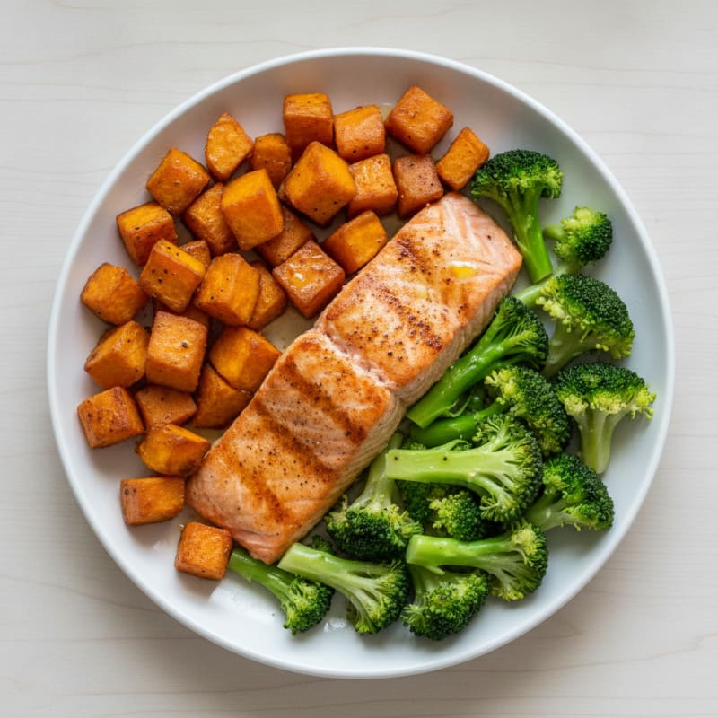 Pan-Seared Salmon with Roasted Sweet Potatoes and Steamed Broccoli