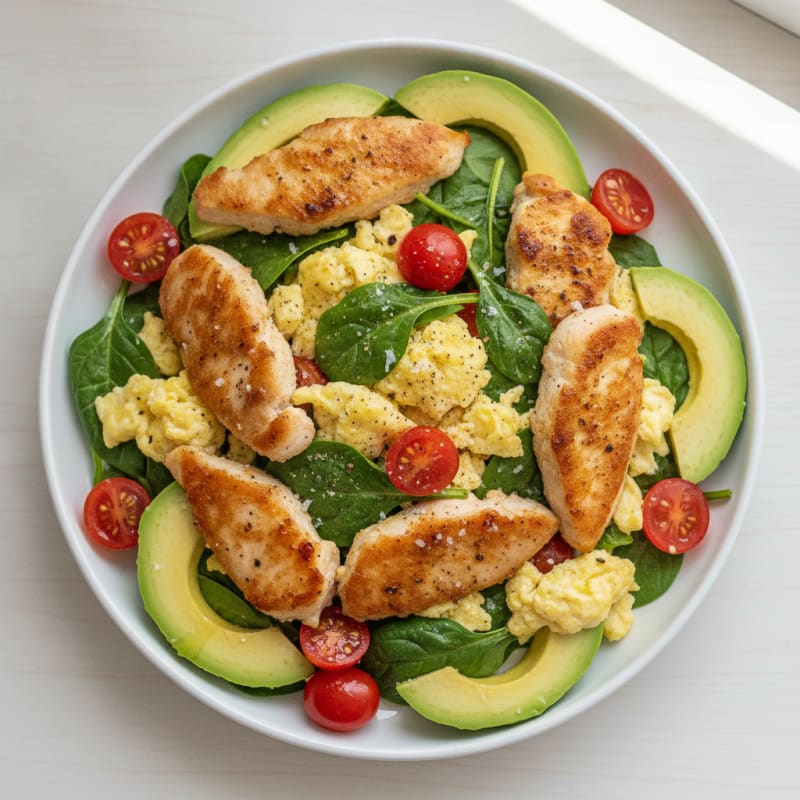 Chicken and Egg Scramble with Spinach and Tomato