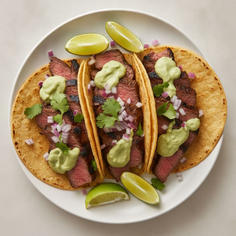 Carne Asada Tacos with Avocado Crema
