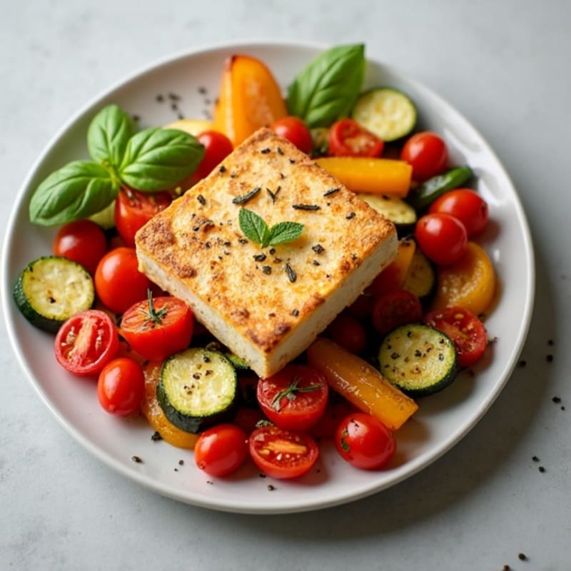 Crispy Herbed Tofu Steaks with Roasted Vegetables