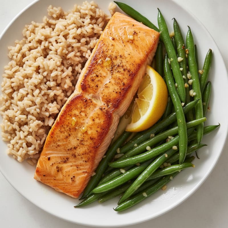 Seared Salmon with Garlic Green Beans and Brown Rice