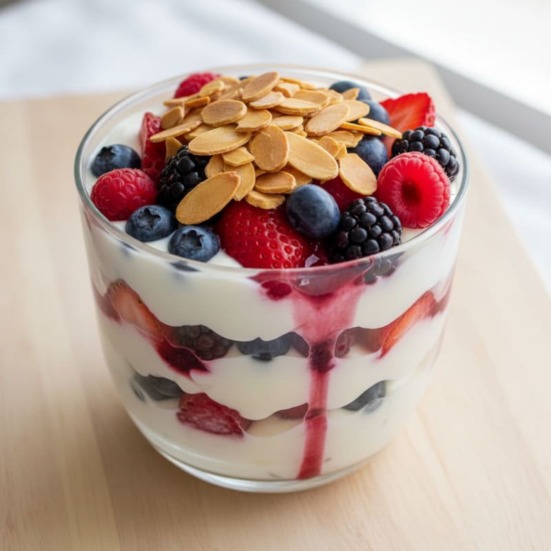 Greek Yogurt Protein Parfait with Mixed Berries and Almonds