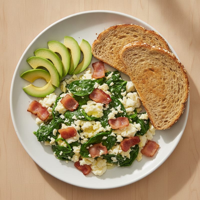 Crispy Turkey Bacon and Egg White Scramble with Spinach