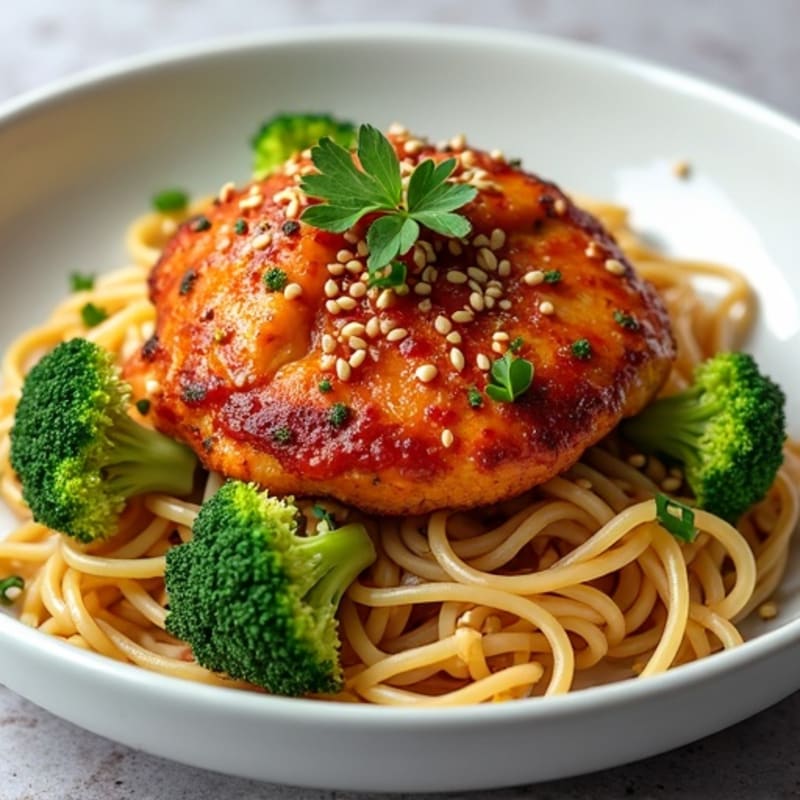 Crispy Gochujang Chicken with Silky Sesame Noodles and Crunchy Broccoli Slaw