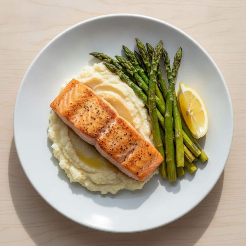 Seared Salmon with Roasted Asparagus and Cauliflower Mash