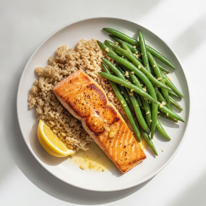 Seared Salmon Fillet with Garlic Green Beans and Brown Rice